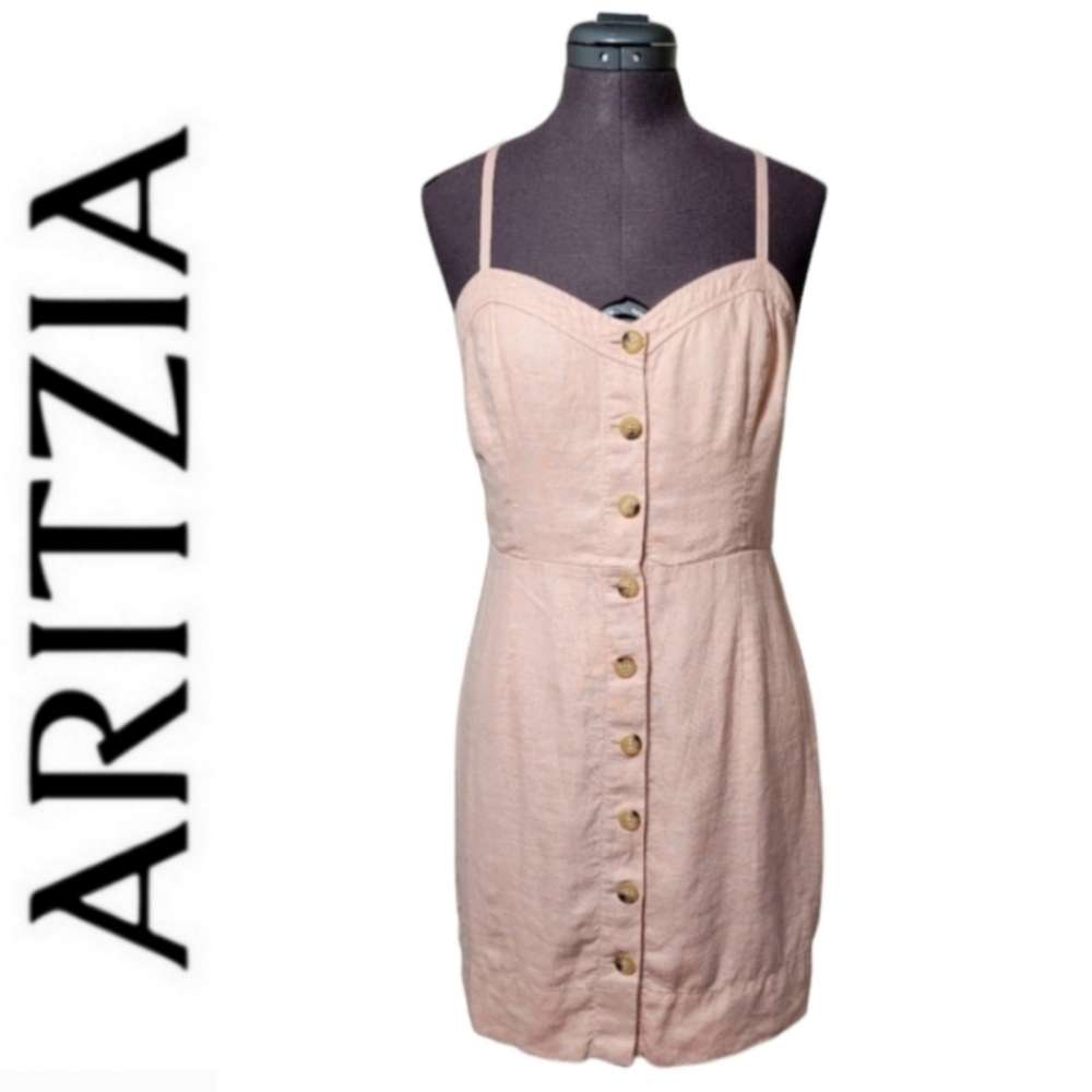SZ8 100% Linen Wilfred Ducharme Button Down Mini Dress Aritzia pink